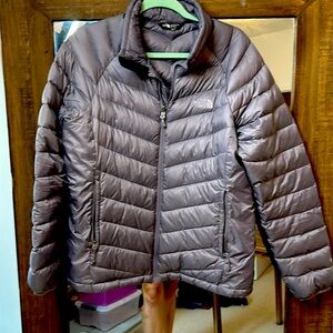 The North Face puffer jacket, lightweight, greyish lilac color. GUC